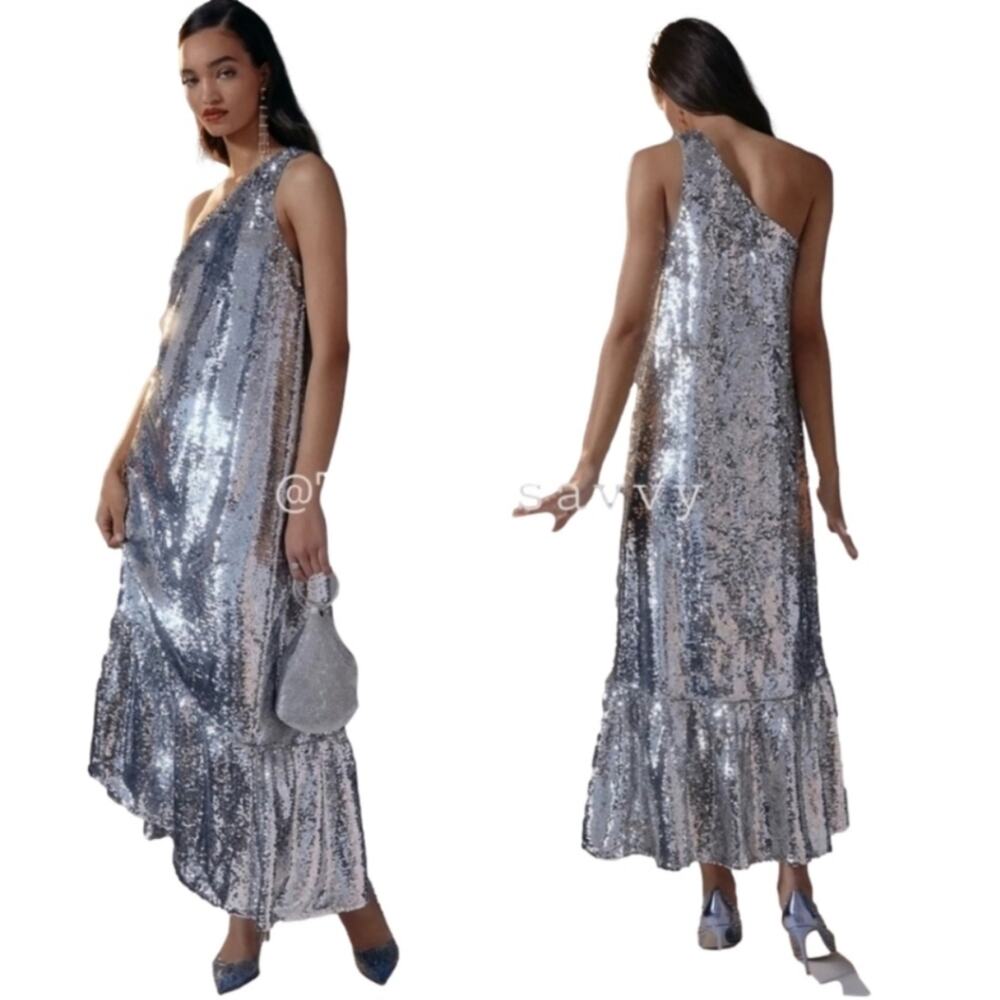 Anthropologie x Maeve One Off The‎ Shoulder Silver Sequin Trumpet Dress Size XL
